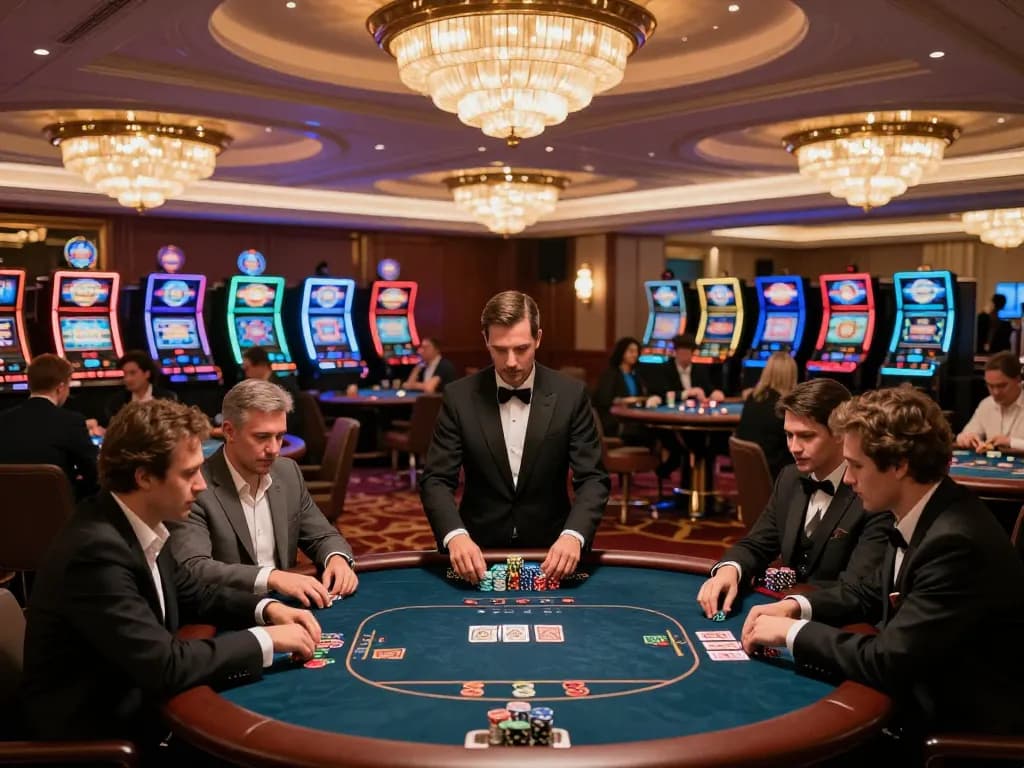 1gom players bet passionately at a luxurious poker table lit by chandeliers in a vibrant casino environment.