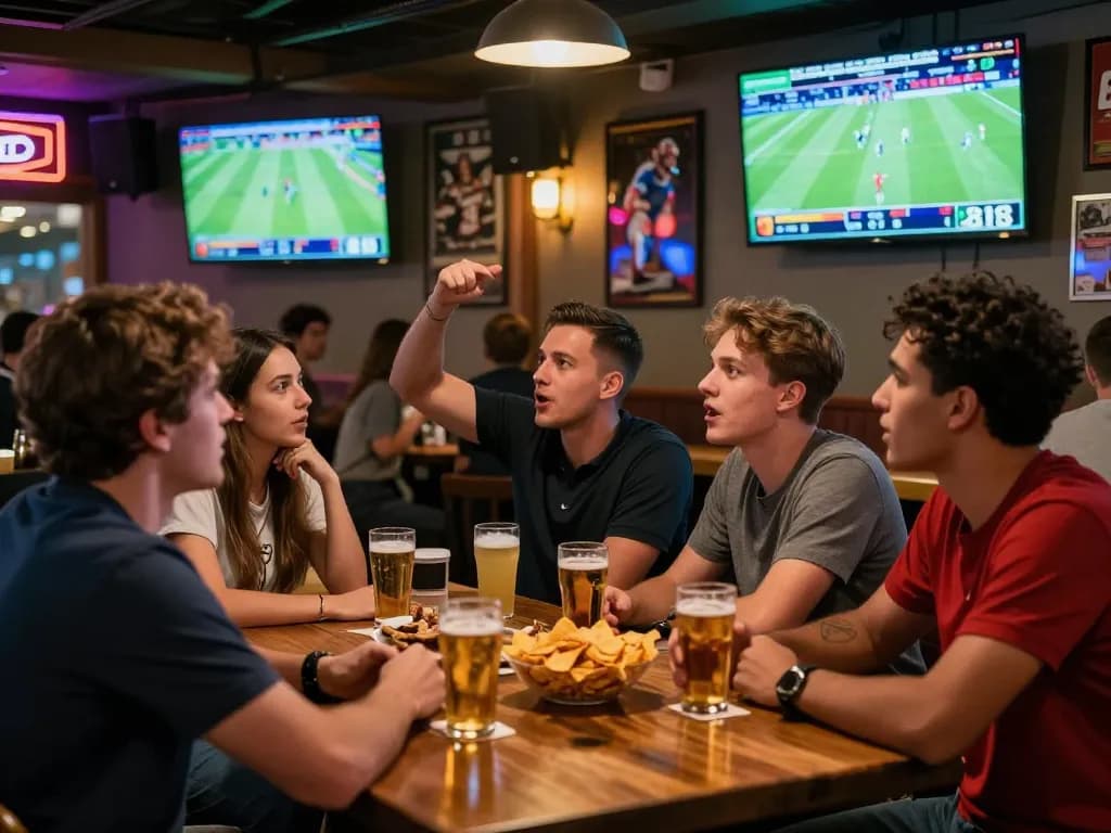 Exciting kèo bóng đá betting scene at a sports bar with friends cheering.