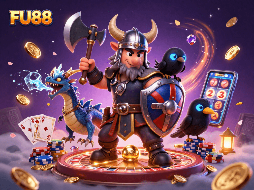 Spin and win at FU88 with Viking warriors, dragons, and dazzling casino elements!