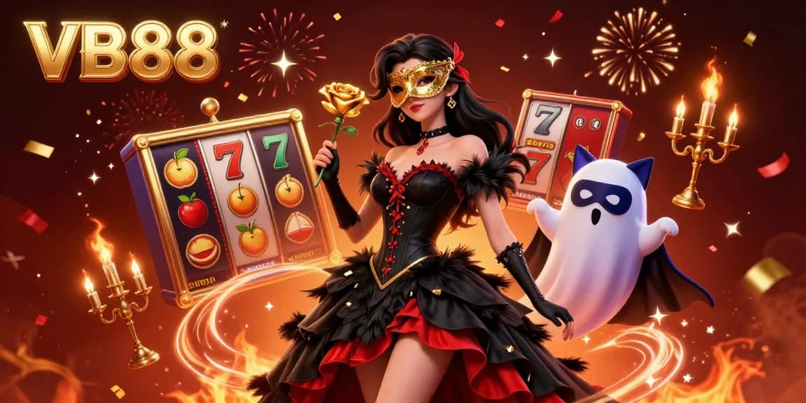 Experience the thrill of VB88 with a stunning woman in a dramatic gown surrounded by slot reels and fireworks.