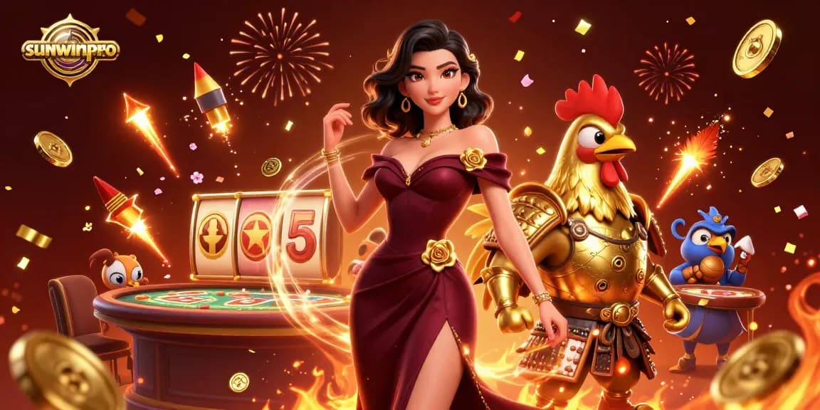 Experience thrilling action at sunwinpro with a glamorous hostess and a golden warrior in a vibrant casino atmosphere.