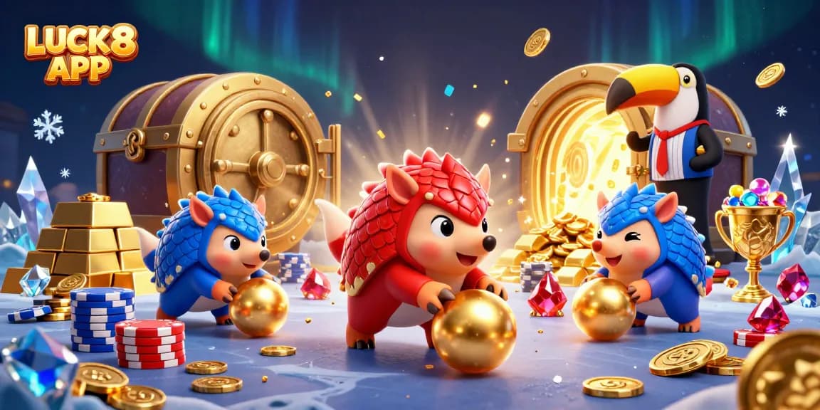 Experience high-stakes gameplay with the LUCK8 APP featuring animated pangolins amid a vibrant casino scene.