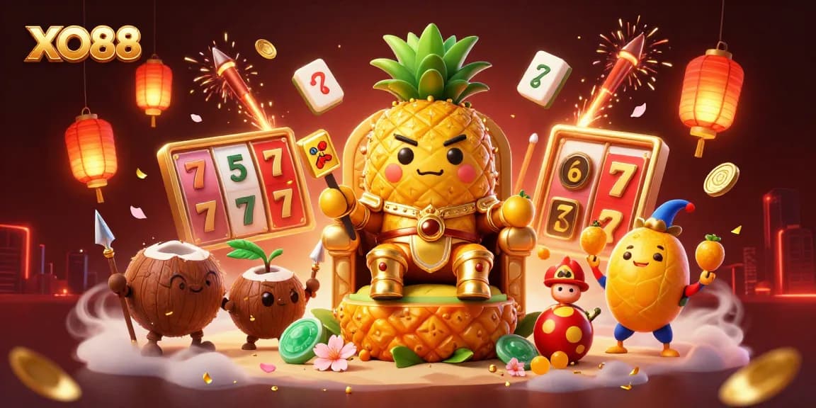 Experience the excitement of XO88 with a vibrant 3D casino scene filled with cheerful characters and dynamic elements.