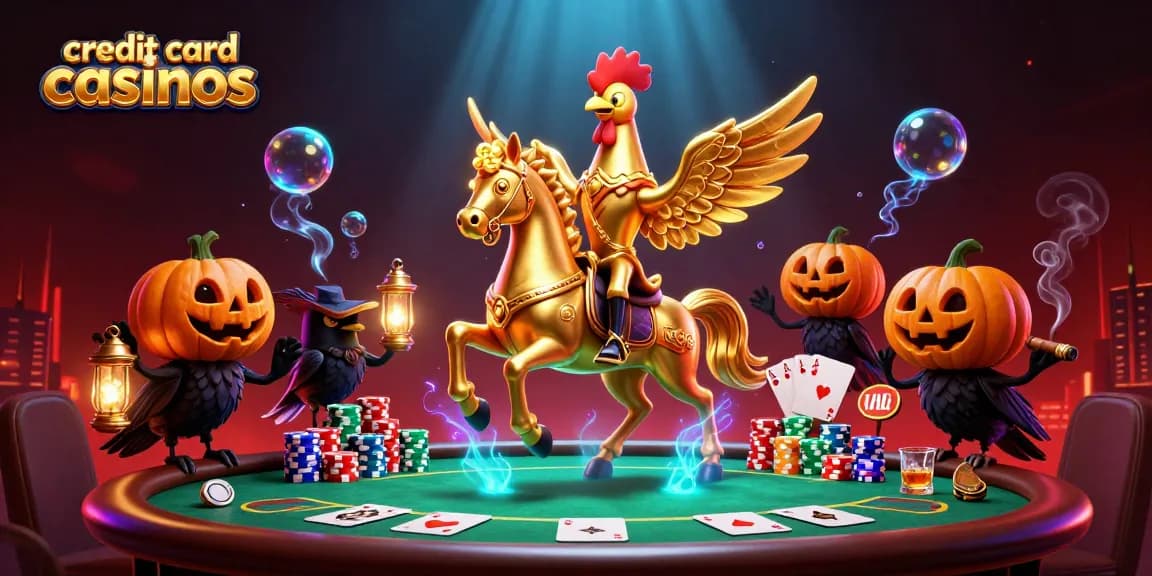 Experience credit card casinos with a golden rooster riding a spectral horse amidst a vibrant casino scene.