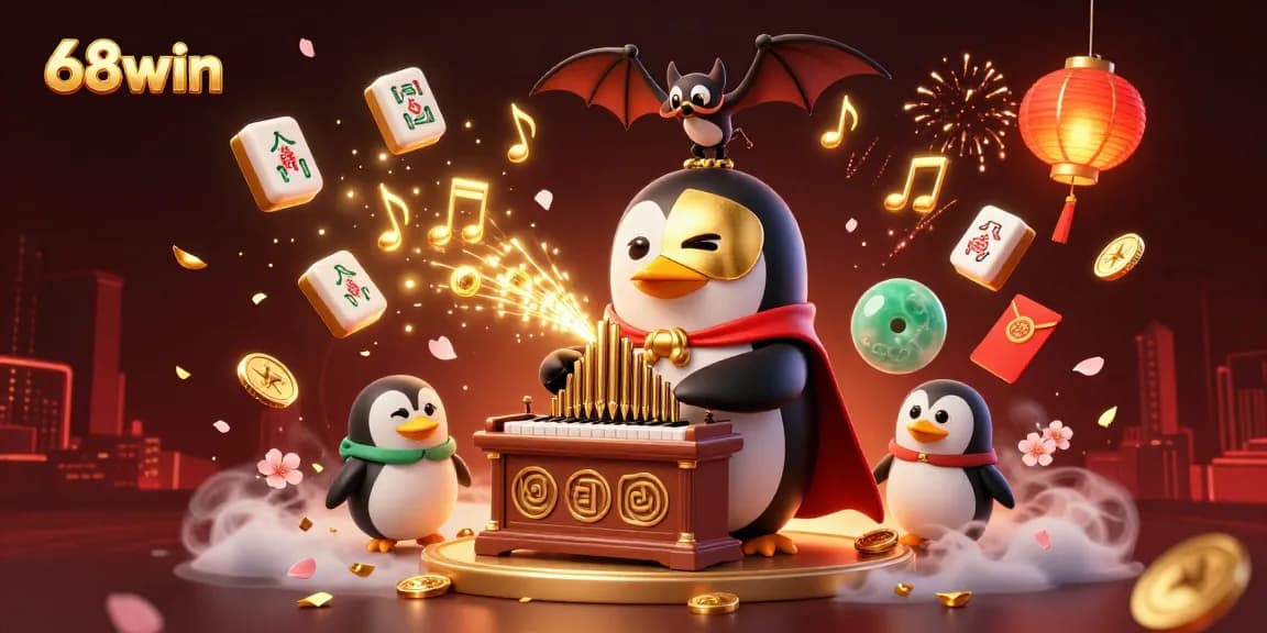 Engage with 68win's thrilling casino scene featuring a penguin organist and festive elements.