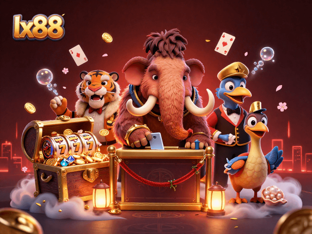 Experience excitement at lx88 casino with a woolly mammoth bouncer and saber-tooth VIP in 3D illustration.