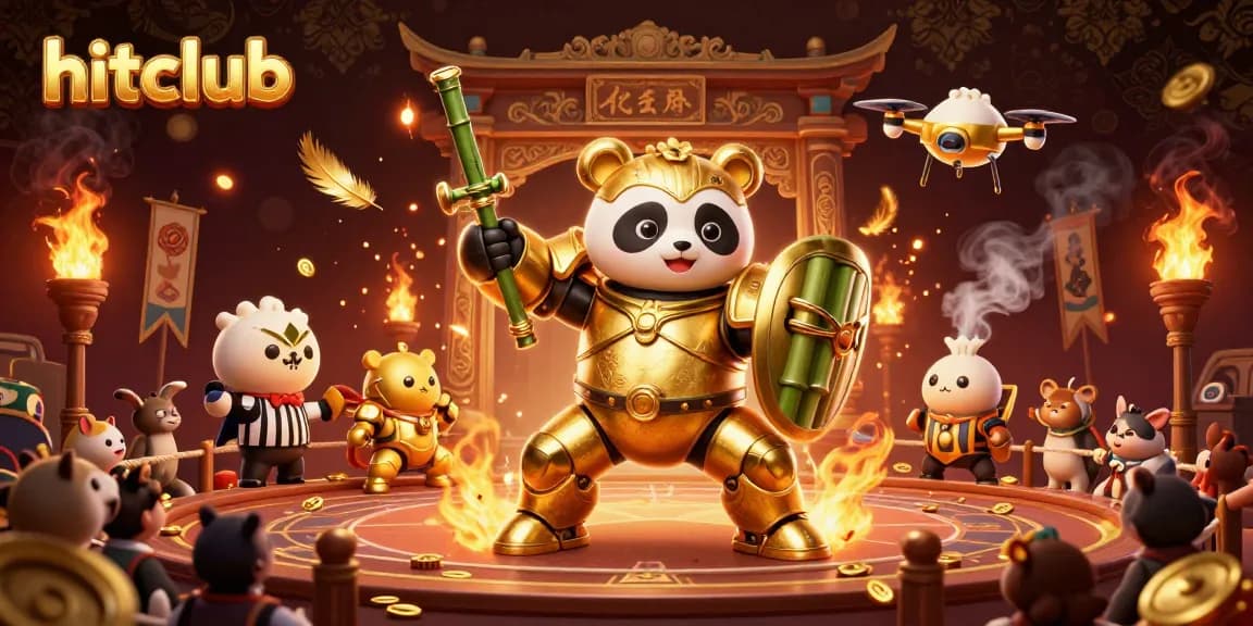Experience thrilling action with hitclub’s gambling arena, showcasing golden panda battling with dynamic game elements.
