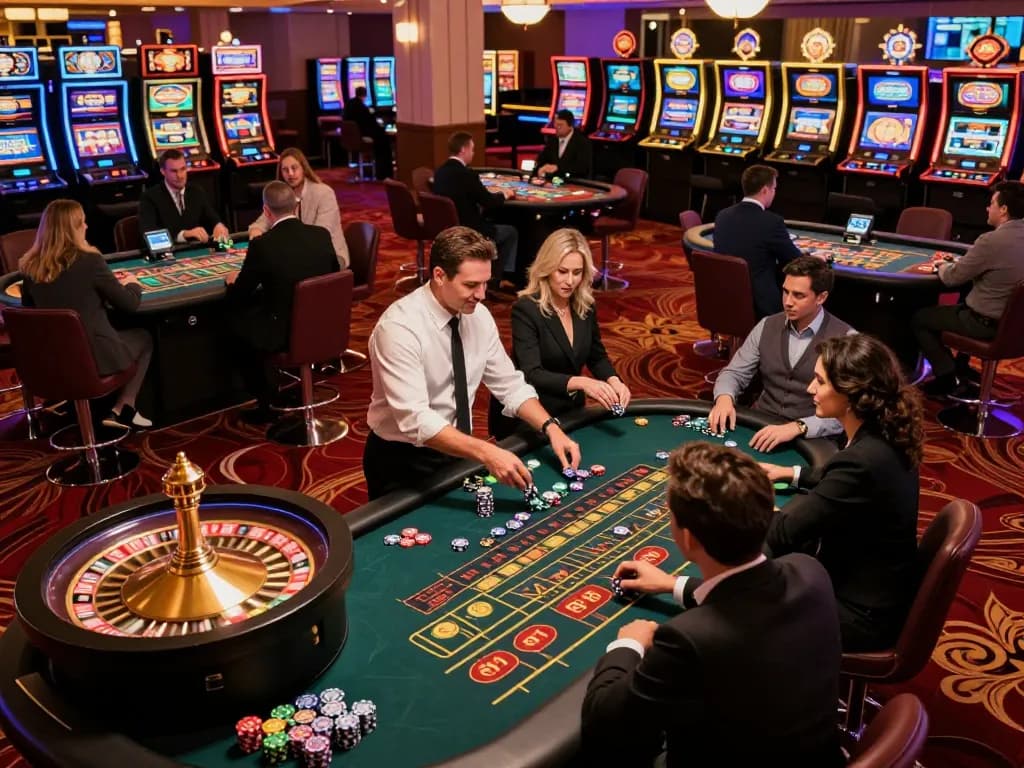Players engaged in strategic casino games at DA88 tables, vibrant gaming atmosphere.