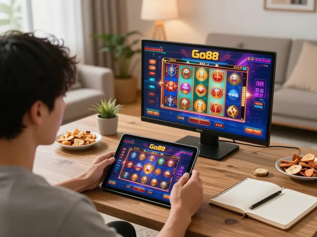 Play Go88 online casino games with dynamic visuals in a cozy gaming setup.