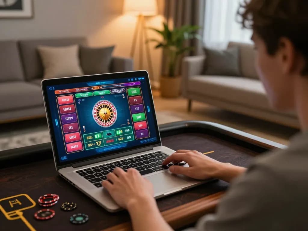 Player engaging with max88 roulette game on laptop in a cozy online casino setup