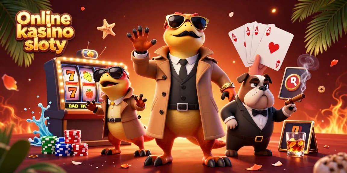 Play thrilling online kasino sloty with animated raptors and vibrant casino elements.