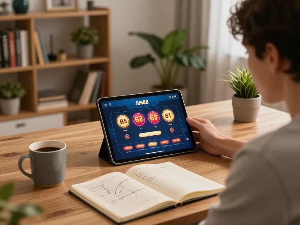 Player using Jun88 app on tablet for online gambling in a cozy home setting.
