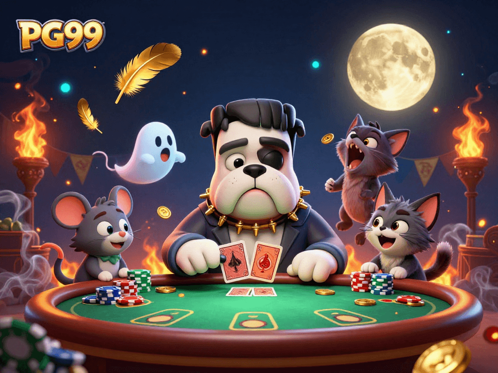 Engage in the thrilling world of PG99, where a unique Frankenstein bulldog dealer hosts an enchanting card game.