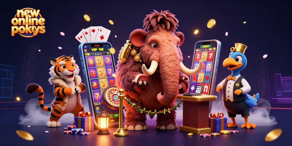 Engage with thrilling new online pokies surrounded by vibrant casino characters and elements.