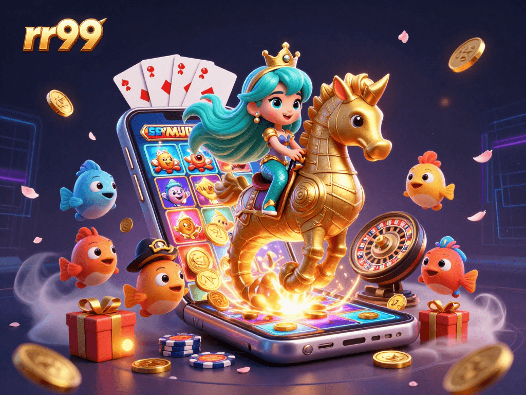 Experience the thrill of rr99 with a vibrant 3D illustration of a mermaid princess and seahorse amid casino elements