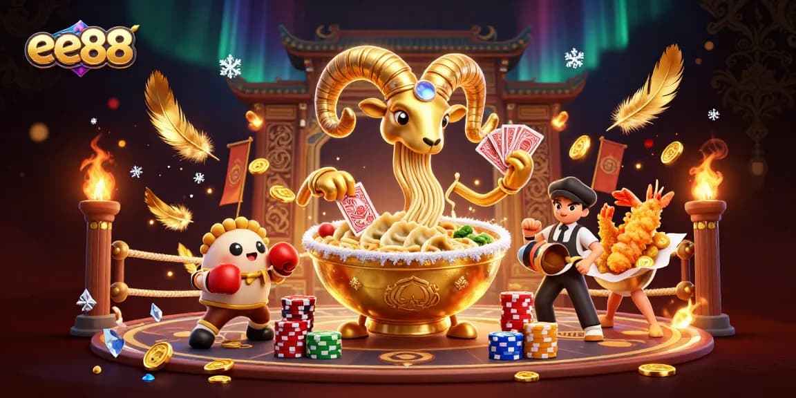 ee88 action scene with a giant golden ramen bowl, cards, chips, and dynamic casino elements