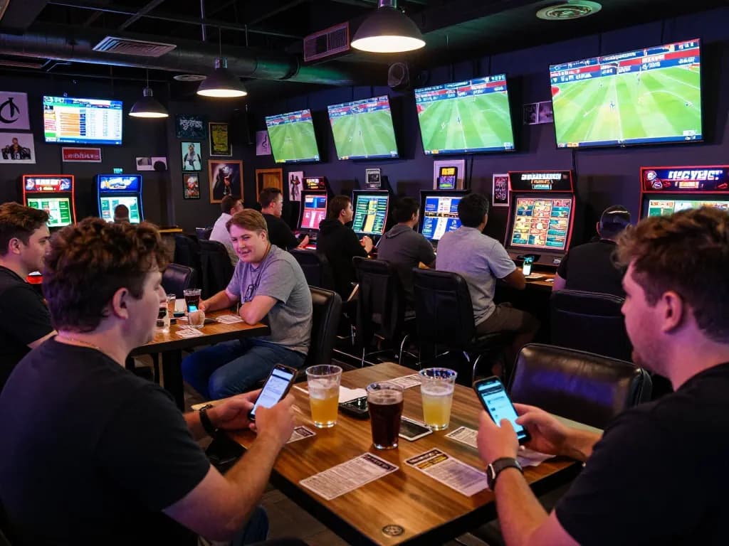 Betting on games at a lively bar, using link vao 188bet for online wagers along with friends in a vibrant atmosphere