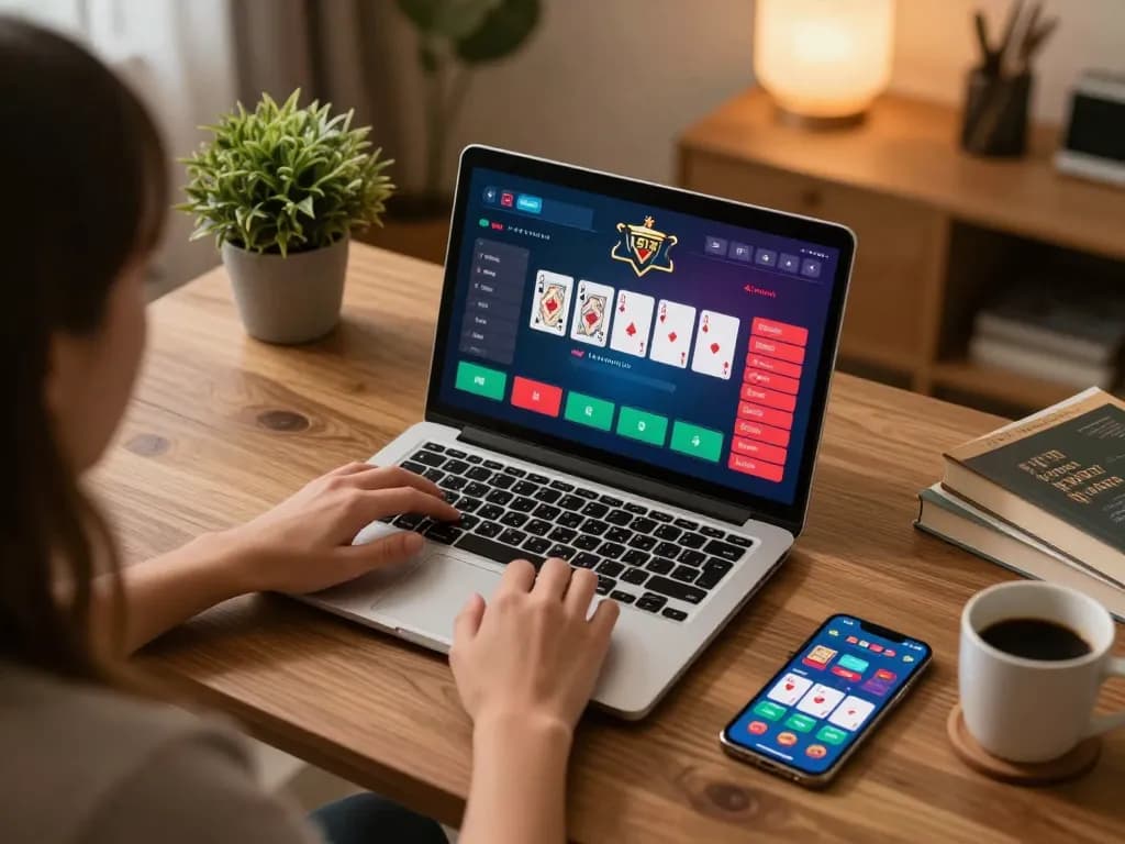 Player engaged in online poker at KK55, with vibrant interface shown on laptop and cozy home setup.