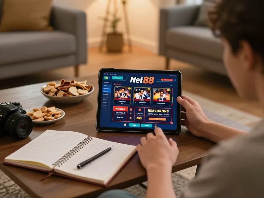 Player enjoying Net88 online casino gaming on a tablet in a cozy home setting.