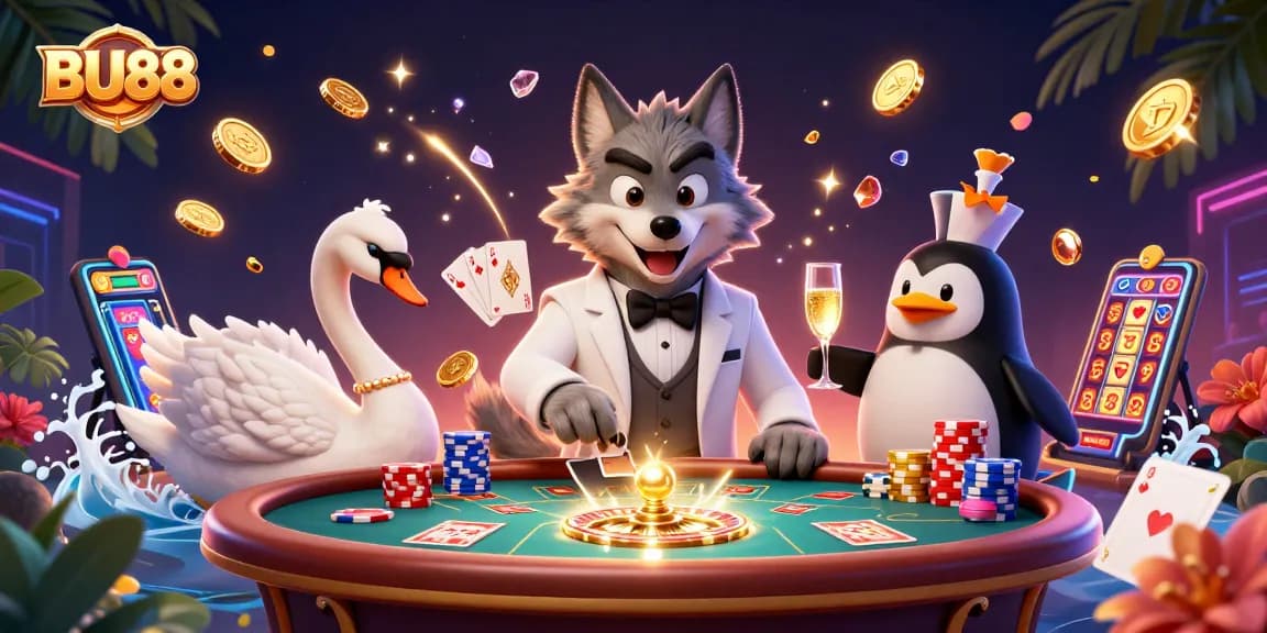 Experience BU88 with a packed scene featuring winning characters and vibrant casino elements.