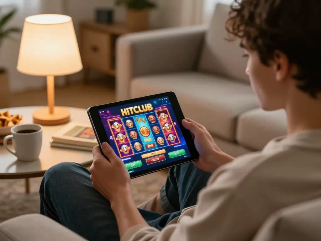 Engaging with HITCLUB casino app on a tablet for exciting online gaming fun