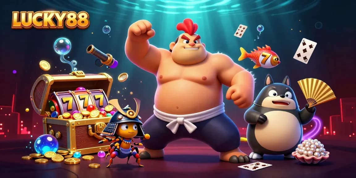 Experience LUCKY88 with an energetic 3D illustration of a powerful sumo rooster and vibrant casino elements.