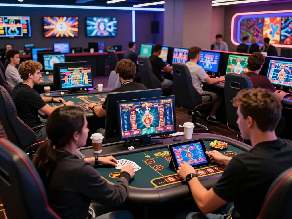 Players enjoying a thrilling experience at nhà cái uy tín online casino, engaging in various games with excitement and vibrant atmosphere.