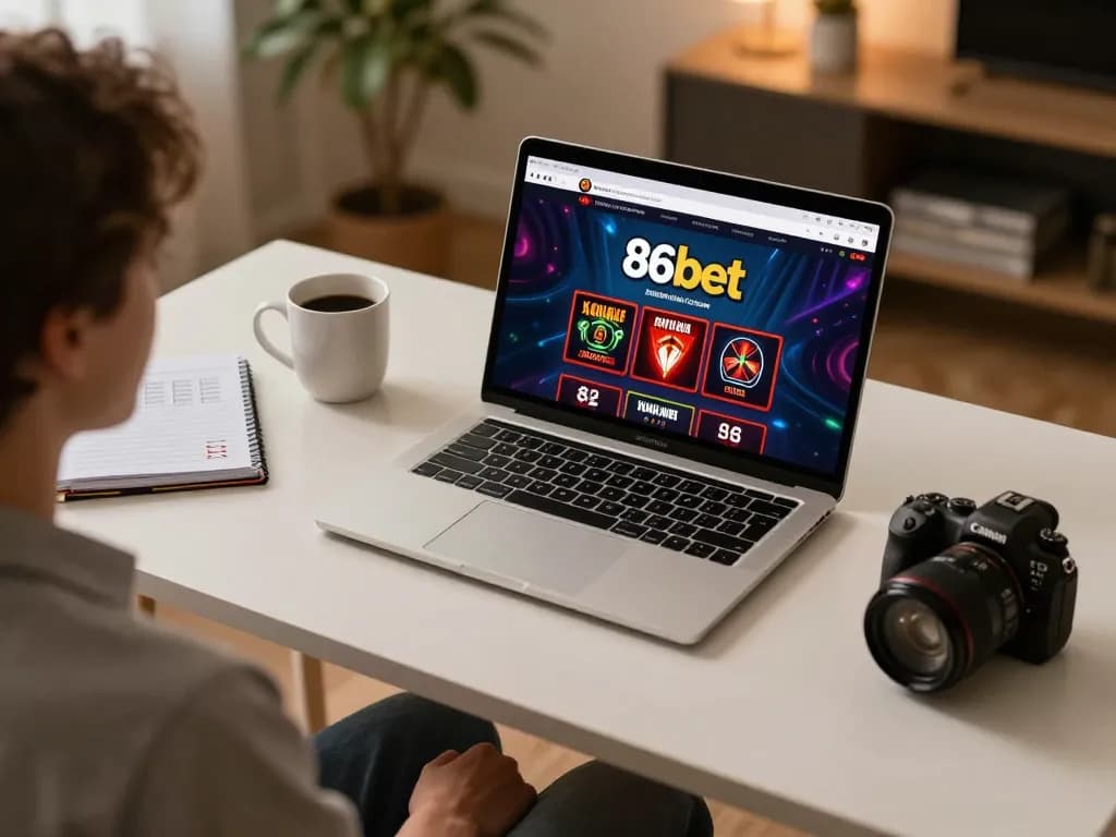 Engage in strategic gameplay on 86bet from a comfortable home setup with a laptop and gaming notes