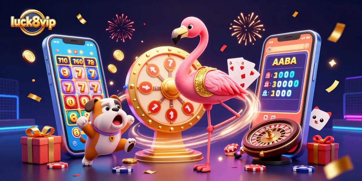 Engaging scene with luck8vip characters enjoying a vibrant casino atmosphere with spinning slot games and celebration effects.