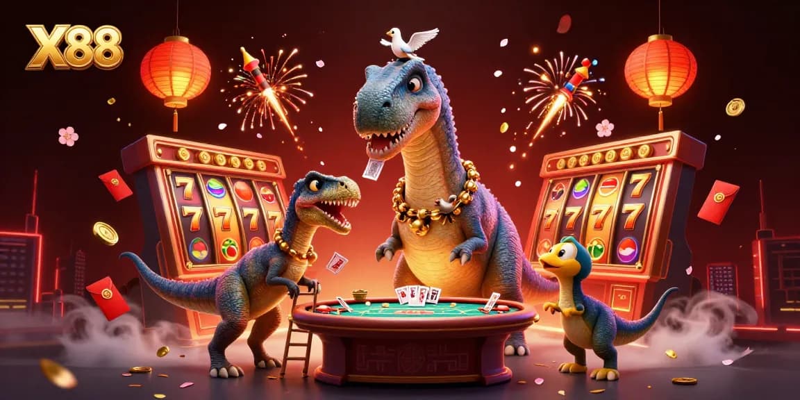 X88 spins the excitement of online slots with a playful scene of a dinosaur and a raptor dealing cards.
