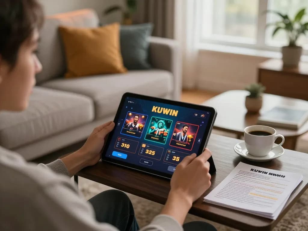 Kuwin player engaging with online casino on a tablet in a cozy home setup