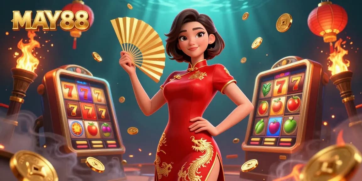 MAY88 showcases a vibrant 3D illustration featuring a confident Asian woman in a dazzling qipao with cascading gold coins and slot symbols.
