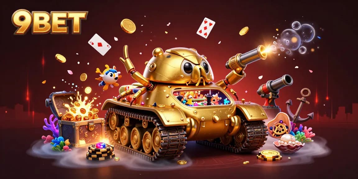 Engage with the dynamic world of 9BET featuring a golden beetle tank casino amidst vibrant gaming elements.