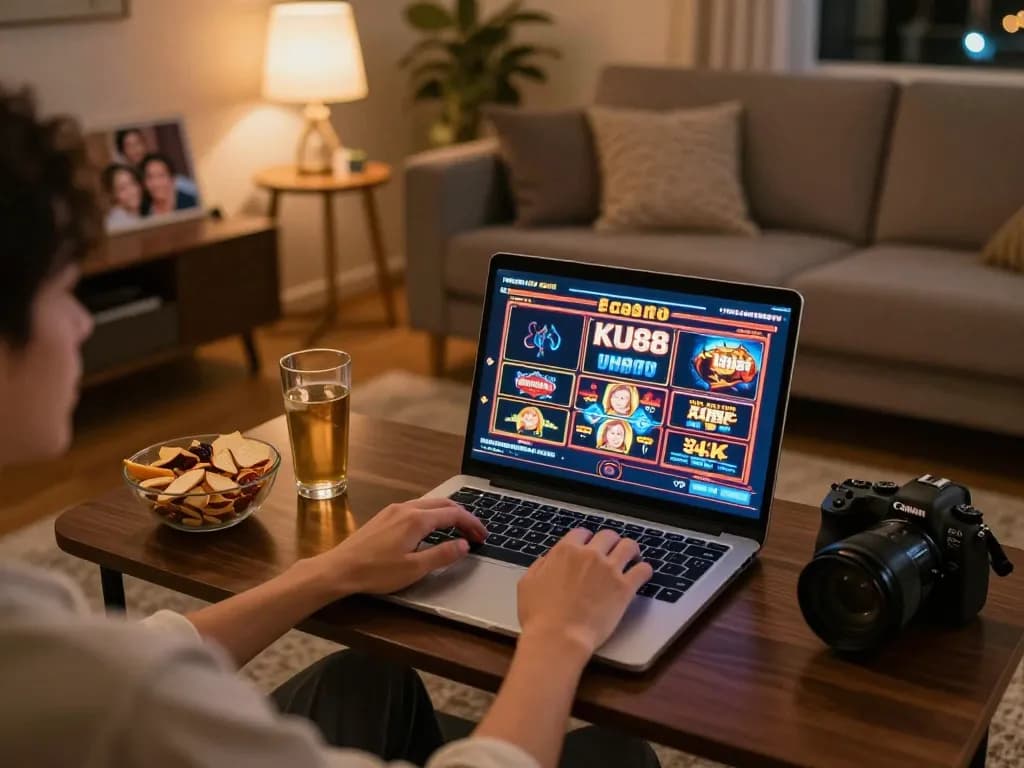 Engaging online gameplay on KU88 slots in a cozy living room with ambient lighting and personal touches
