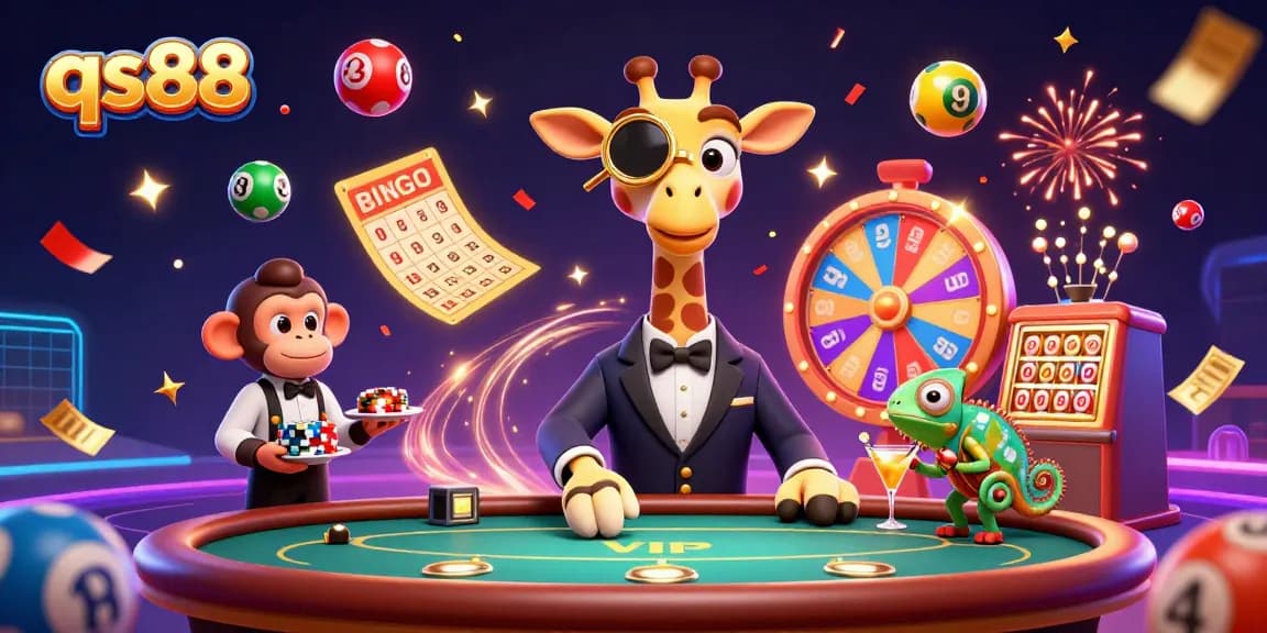 Experience qs88's exciting casino atmosphere with vibrant characters and fun gambling elements.