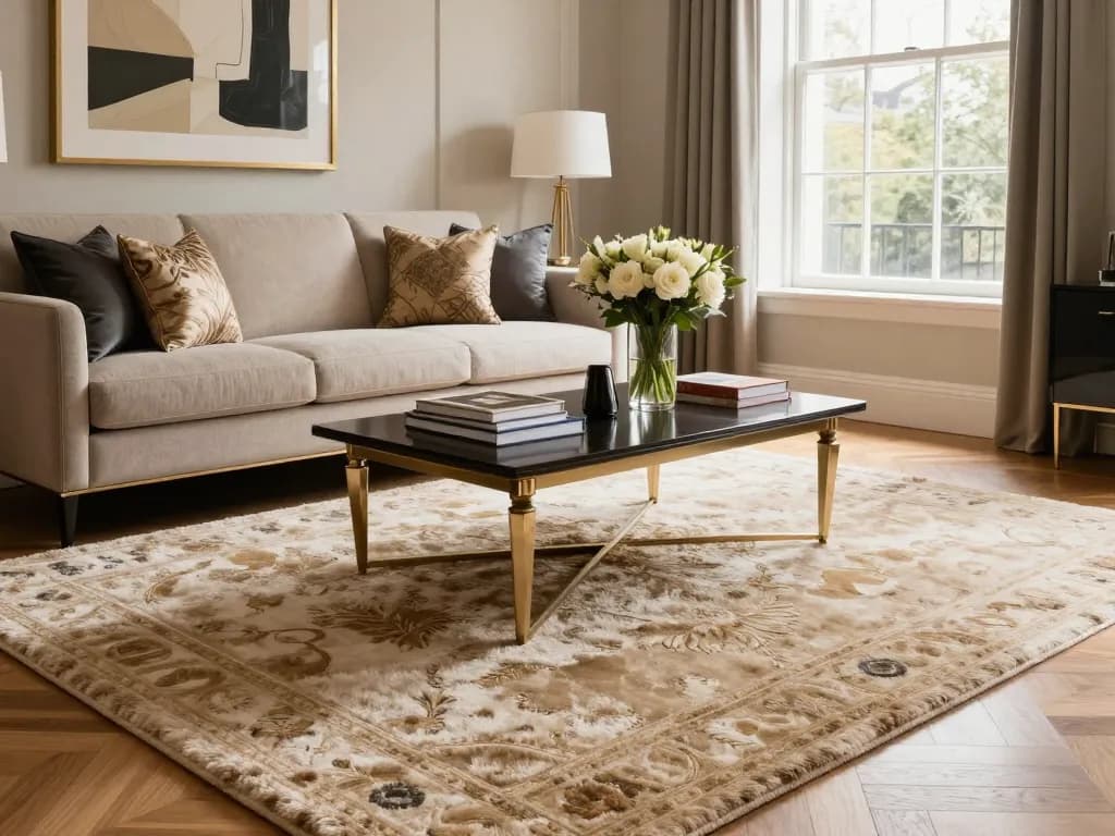 Elegant living room with luxury carpets London, plush sofa, and natural light.
