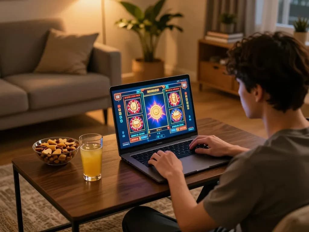 Nohu90 player enjoying online slots at home with vibrant interface displayed