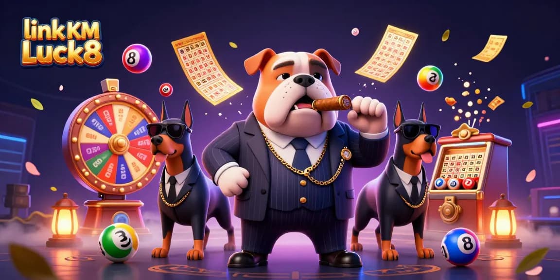 Engage with link KM Luck8 in a vibrant casino scene featuring a bulldog mafia boss and dynamic gambling elements.