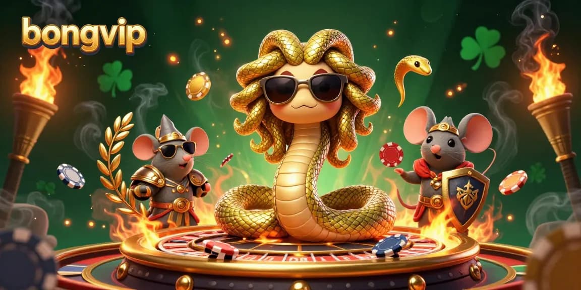 Bongvip offers exciting casino experiences with engaging characters in a vibrant 3D scene featuring poker and roulette elements.