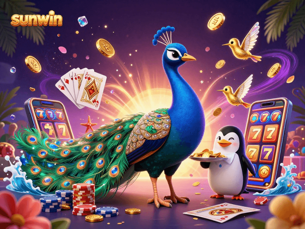 Win big with sunwin in this vibrant casino scene featuring rich colors, dynamic characters, and exciting slot machine action.