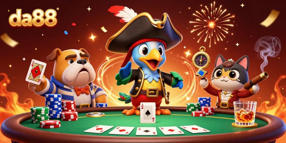 da88 pirate captain directing a poker game with colorful chips and cards
