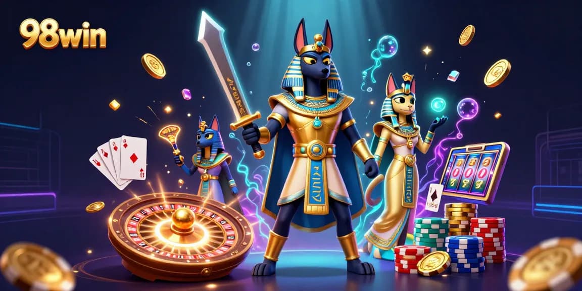 Experience 98win's thrilling gaming atmosphere with Anubis and Bastet amidst cascading coins.