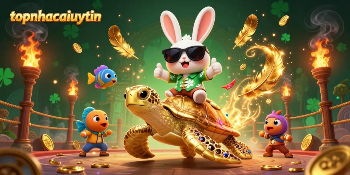 Engaging gambling scene featuring topnhacaiuytin with a lucky rabbit and golden turtle surrounded by vibrant casino elements.
