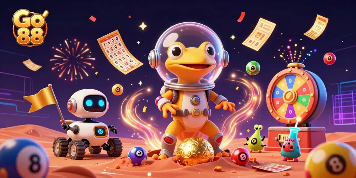 Experience Go 88 with a Martian gecko discovering a golden casino amidst vibrant lottery elements.