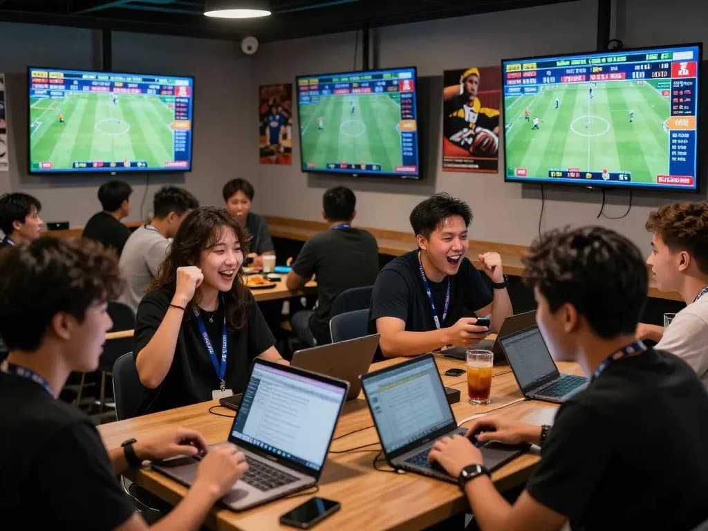 Exciting atmosphere at a modern sports lounge with live kèo nhà cái displays, enthusiastic bettors enjoying the game.