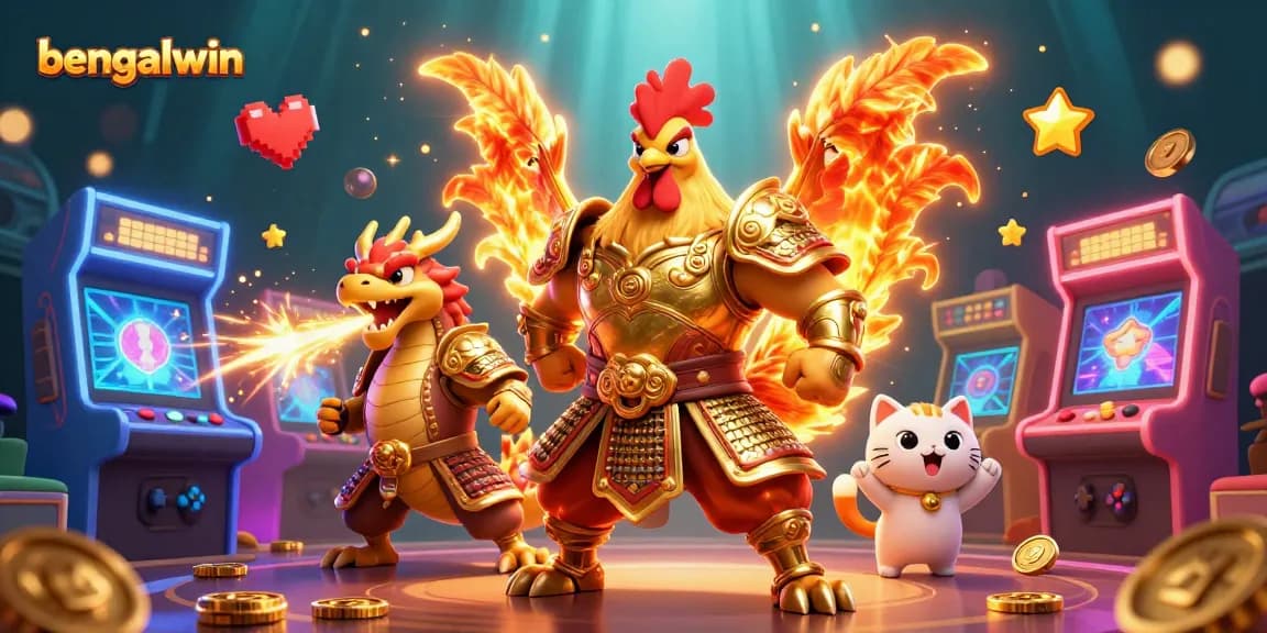 Bengalwin captures exciting gaming action with a dynamic scene featuring a warrior rooster and dragon hatchling.