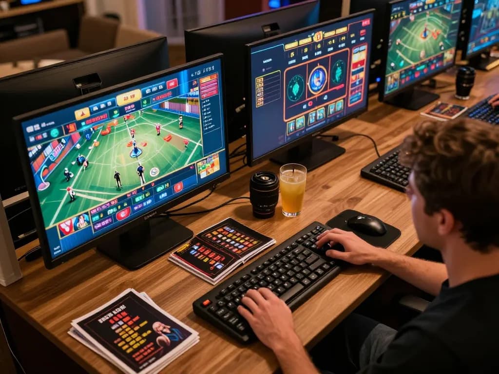 Player engaging with the bomwin casino app on multiple screens, showcasing an immersive online gaming experience