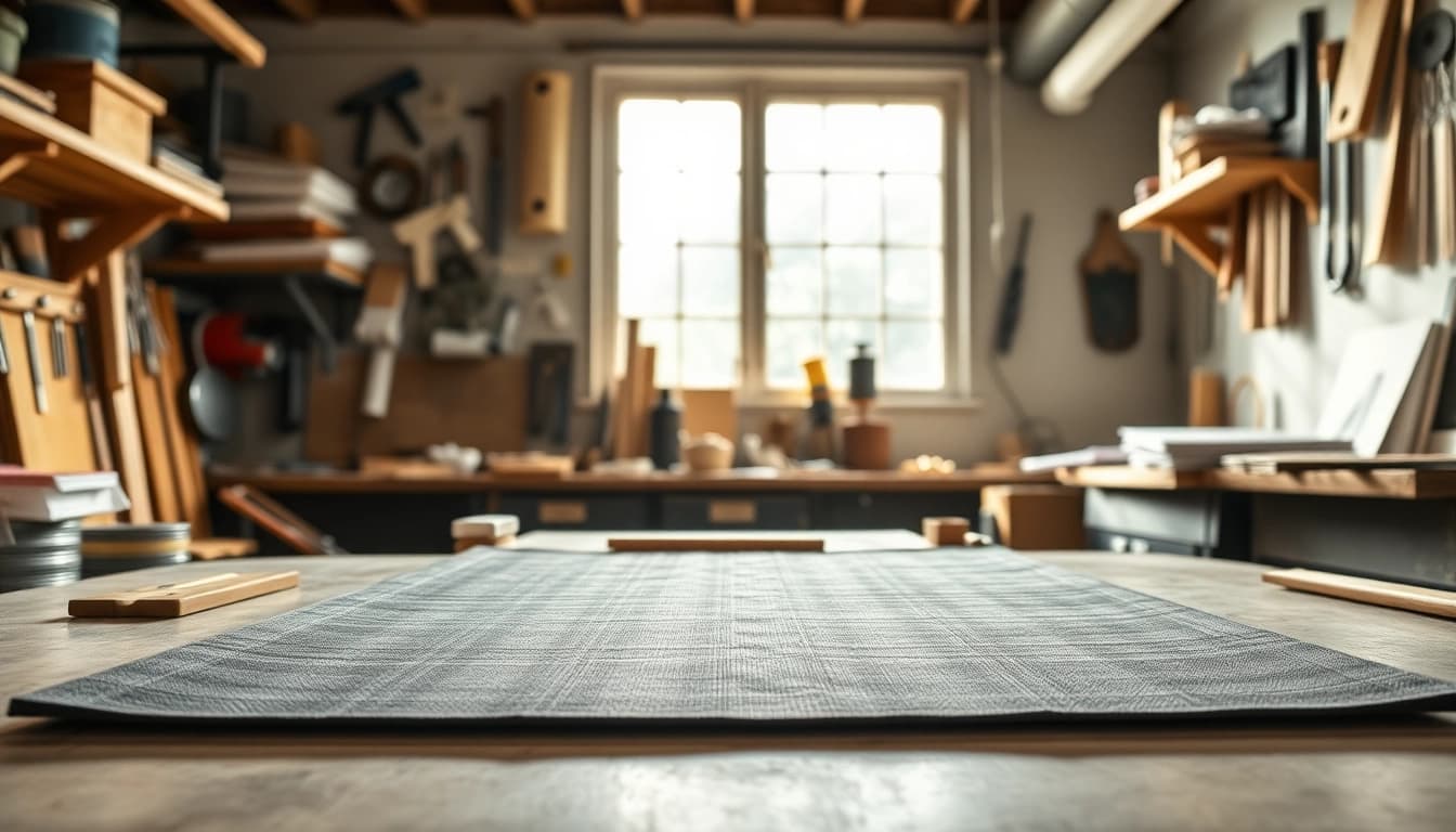 Showcasing 1708 fiberglass mat on a workbench with tools in a bright workshop setting.