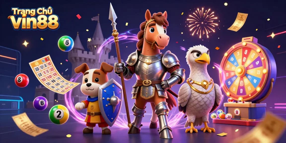 Join the excitement at Trang Chủ vin88 with vibrant lottery elements and engaging characters in this 3D casino illustration.