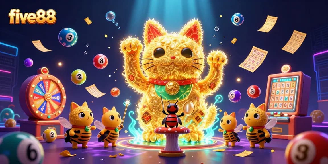 Experience excitement at five88 in this vibrant 3D illustration featuring a lucky cat and casino themes.